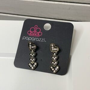 Paparazzi Accessories Stacked Heart Rhinestone Bronze Tone Drop Dangle Earrings